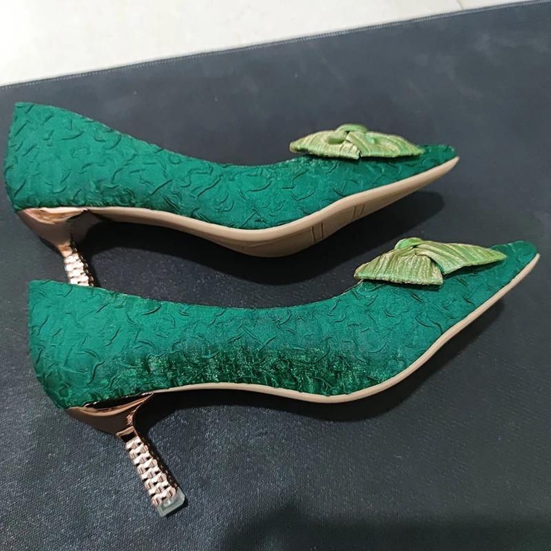 Fashion Green Silk Bowtie High Heels Pumps for Women Sexy Pointed Toe Metal Stiletto Heels Wedding Party Shoes Woman 2024 Spring