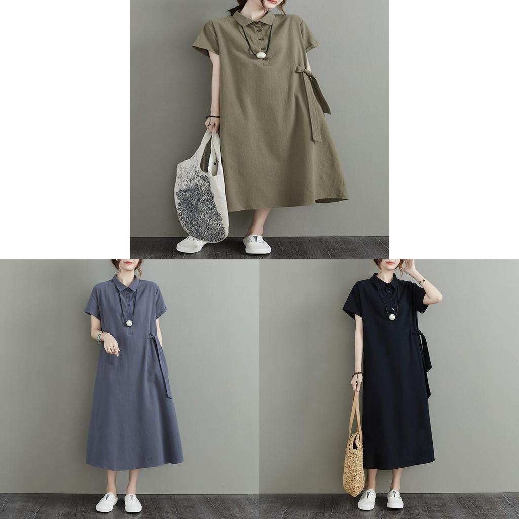 Japanese Style Loose Cotton Linen Short Sleeve Dress With Pockets For Casual Wear