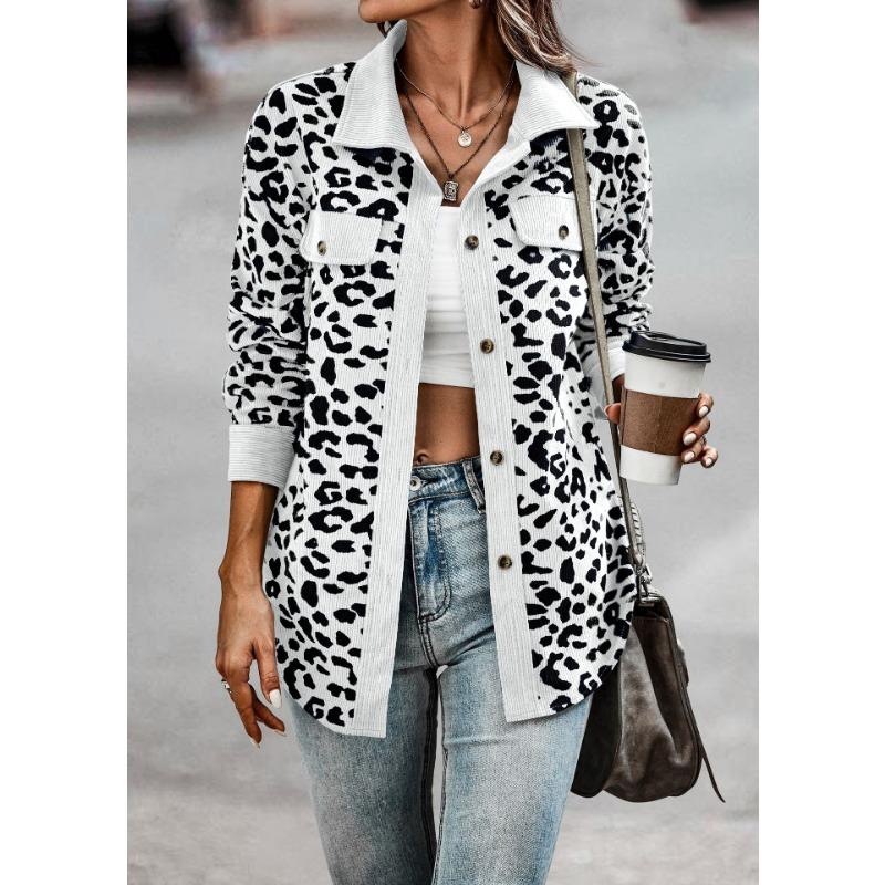 Women's Long Sleeve Jacket with Leopard Print Buttons Fashionable Autumn Winter Jacket In Plus Sizes