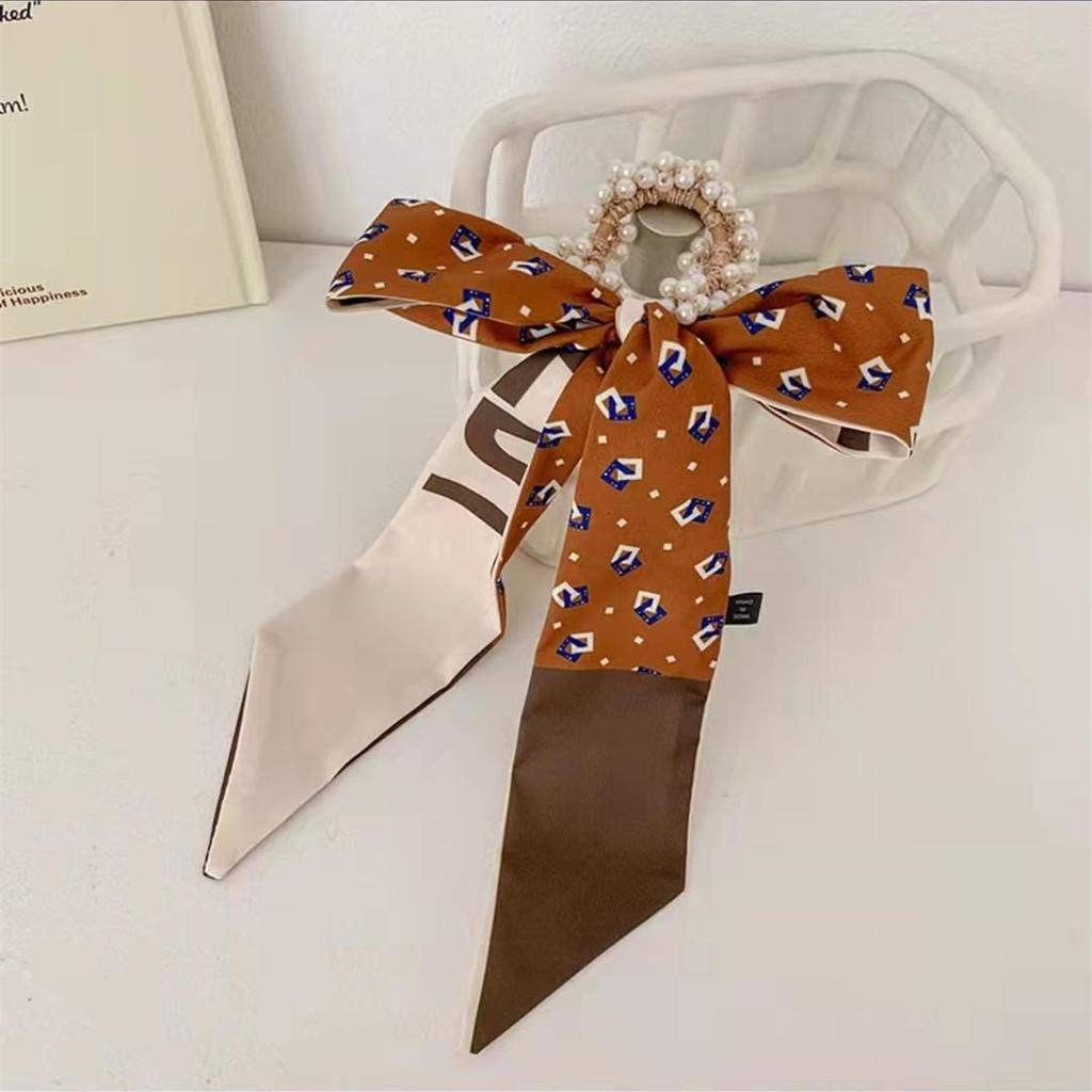 Винтажная шелковая резинка для волос с отделкой жемчугом и различными узорами для женщин