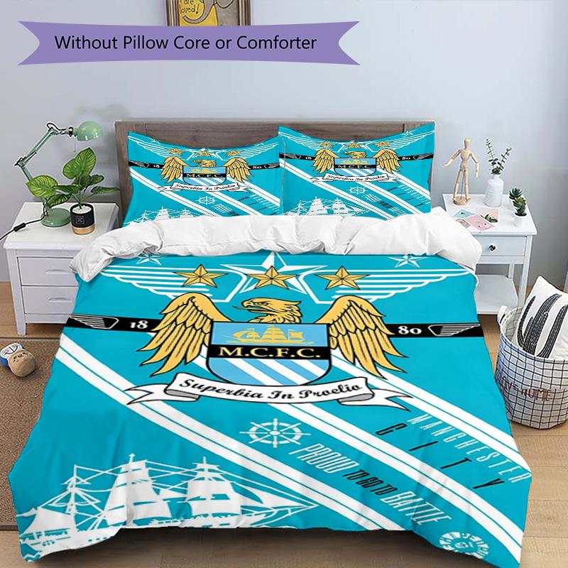 3pcs Duvet Cover Set (1*Duvet Cover + 2*Pillowcase, Without Core),Manchester City FC Print Bedding Set, Bedroom Decor, All‑Season, Birthday Gift
