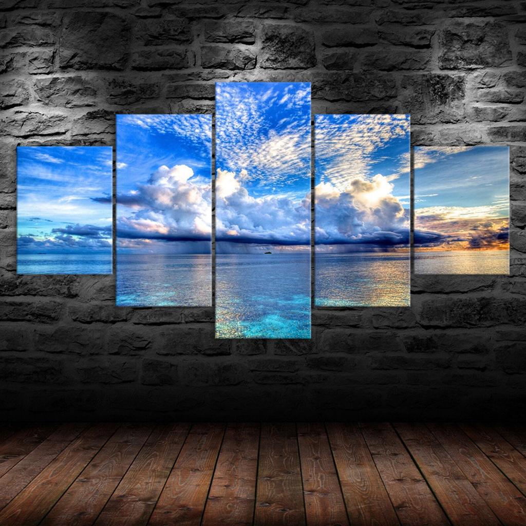 Blue Sky White Clouds Sea View 5 Piece Five Panel Wall Canvas Print Modern Art Poster Picture Home Decor Gift For Him For Her