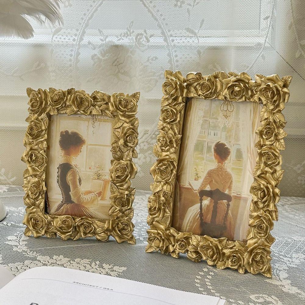 Resin Retro Gold Photo Frame 5/6/7 Inch Photo Props Frame Ornaments Desktop Ornaments
