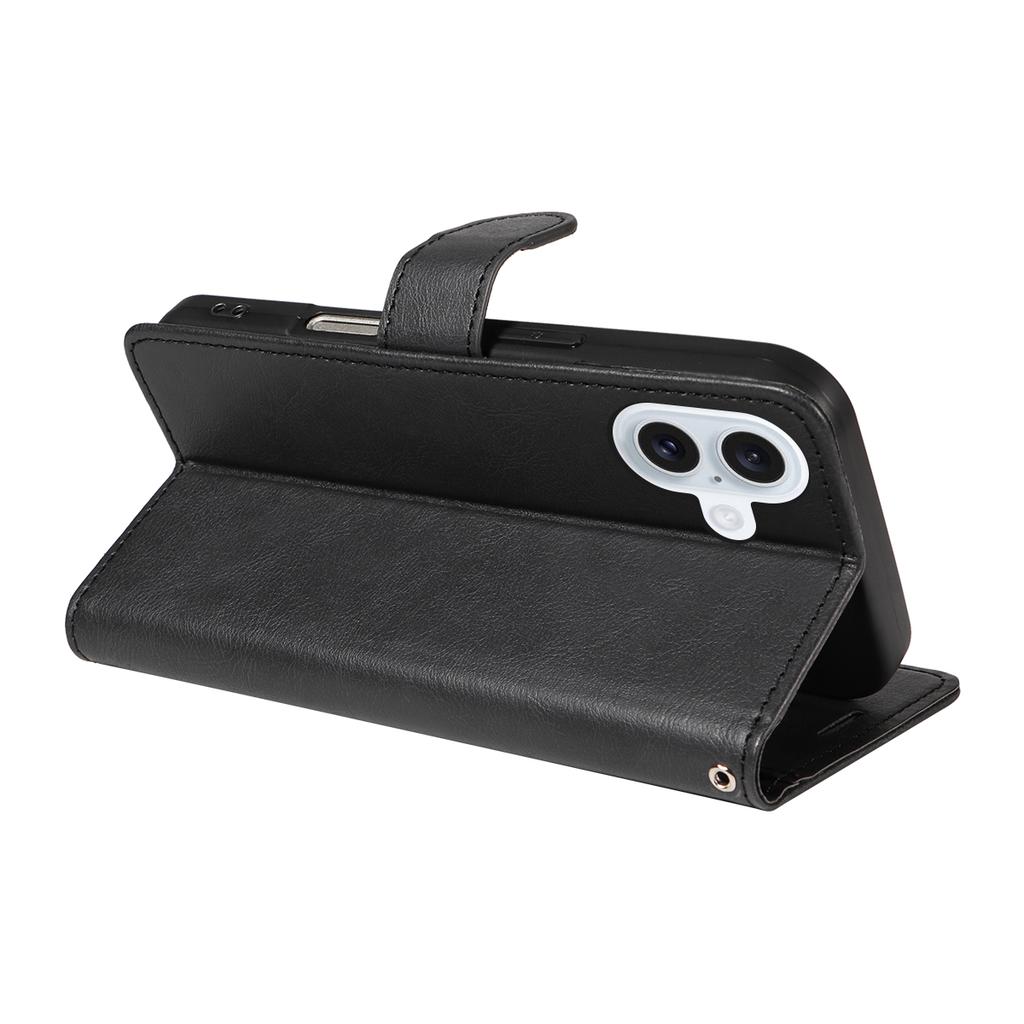 For iPhone 17 Leather Wallet Case with Strap Solid Color Phone Stand Cover