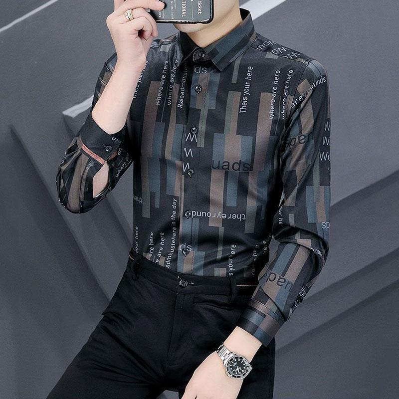 Smart Casual Sping Autumn Shirts Men Lapel Letter Printing Single Breasted Trend Fashion All-match Elastic Slim Long Sleeve Tops