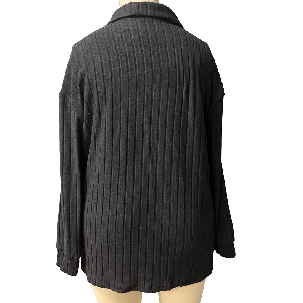 Осенние и зимние модели однотонной свободной женской блузки большого размера с V-образными лацканами и длинными рукавами в полоску с начесом