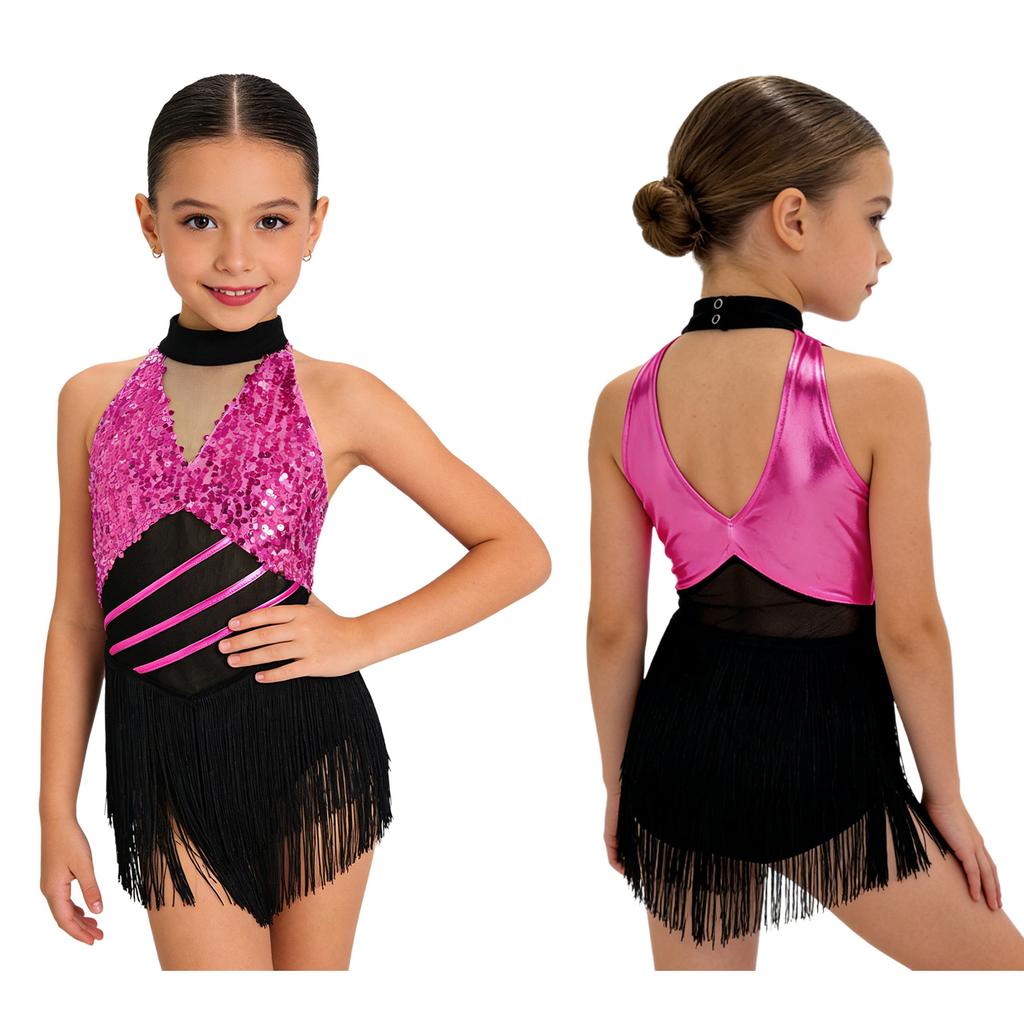 Kids Girls Cha-cha Salsa Latin Dance Costume Shiny Sequins Halter Sleeveless Mesh Waist Keyhole Metallic Back Tassels Leotard Dancewear