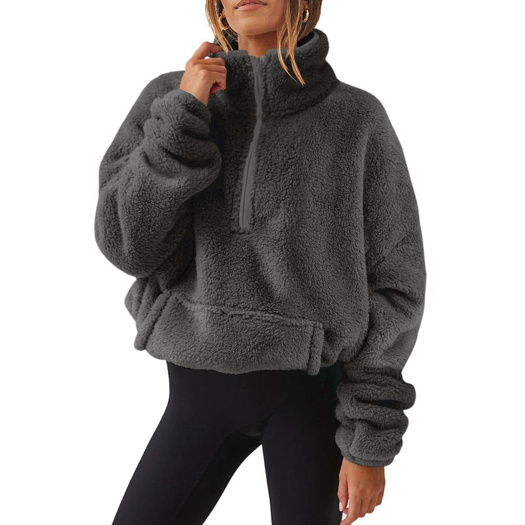 2025 Autumn Winter Women's Plush Fleece Half Zip Sweatshirt, Stand Collar Jacket with Pockets, Cozy Sherpa Lined Casual Top for Cold Weather