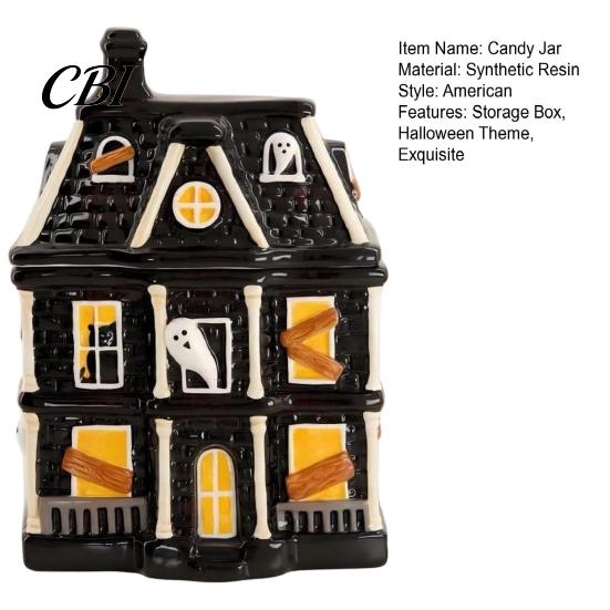 Festive Party Supplies Haunted House Candy Jar with Lid, Synthetic Resin Halloween Storage Container, 3D Relief Craftsmanship Box for Cookies Jewelry