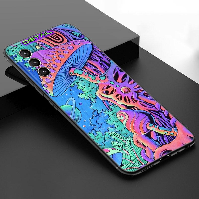 Aesthetic Trippy Mushrooms Black Silicone Phone Case For Samsung Galaxy S23 S21 S20 FE S24 S22 Ultra S10E S10 S9 S8 Plus