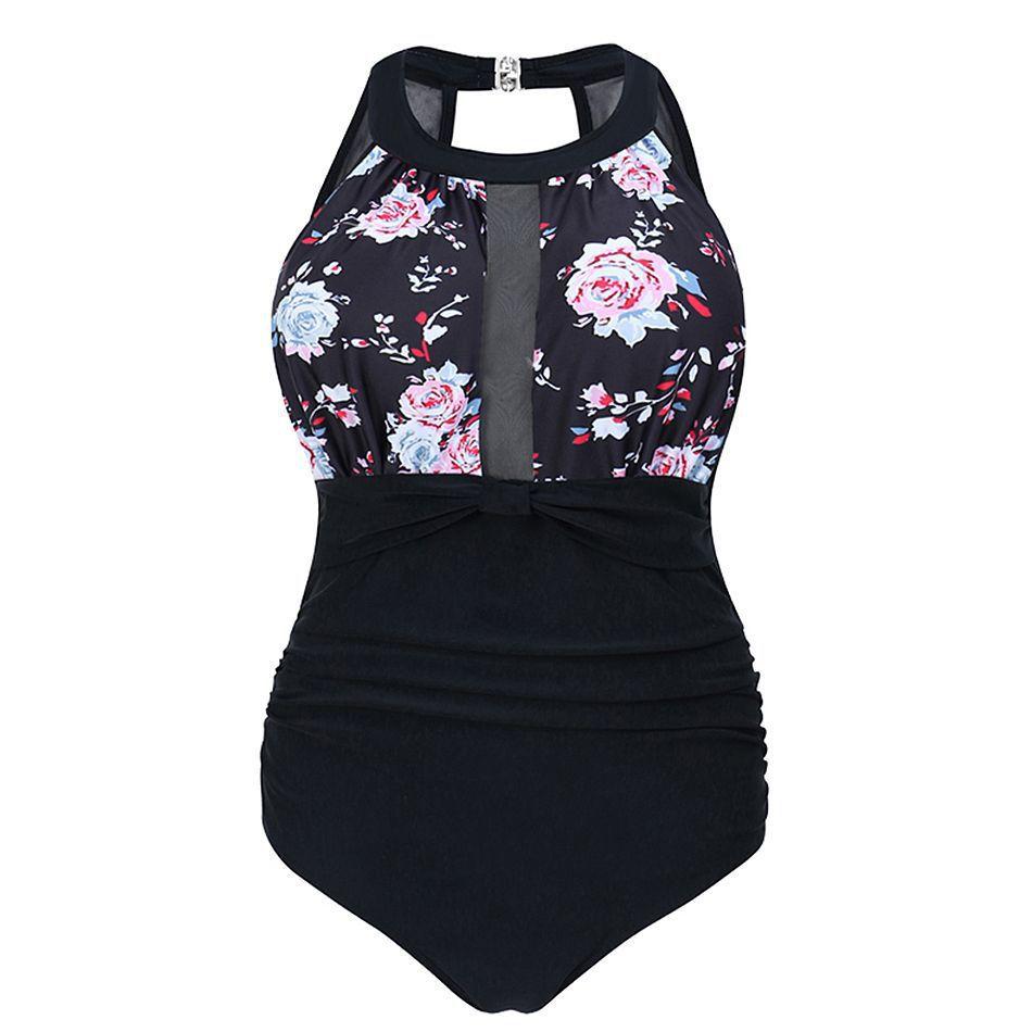 Купальник большого размера, цельный женский купальник с цветочным принтом, сетчатый купальник с замочной скважиной, лямкой на шее, глубоким вырезом и рюшами, купальник