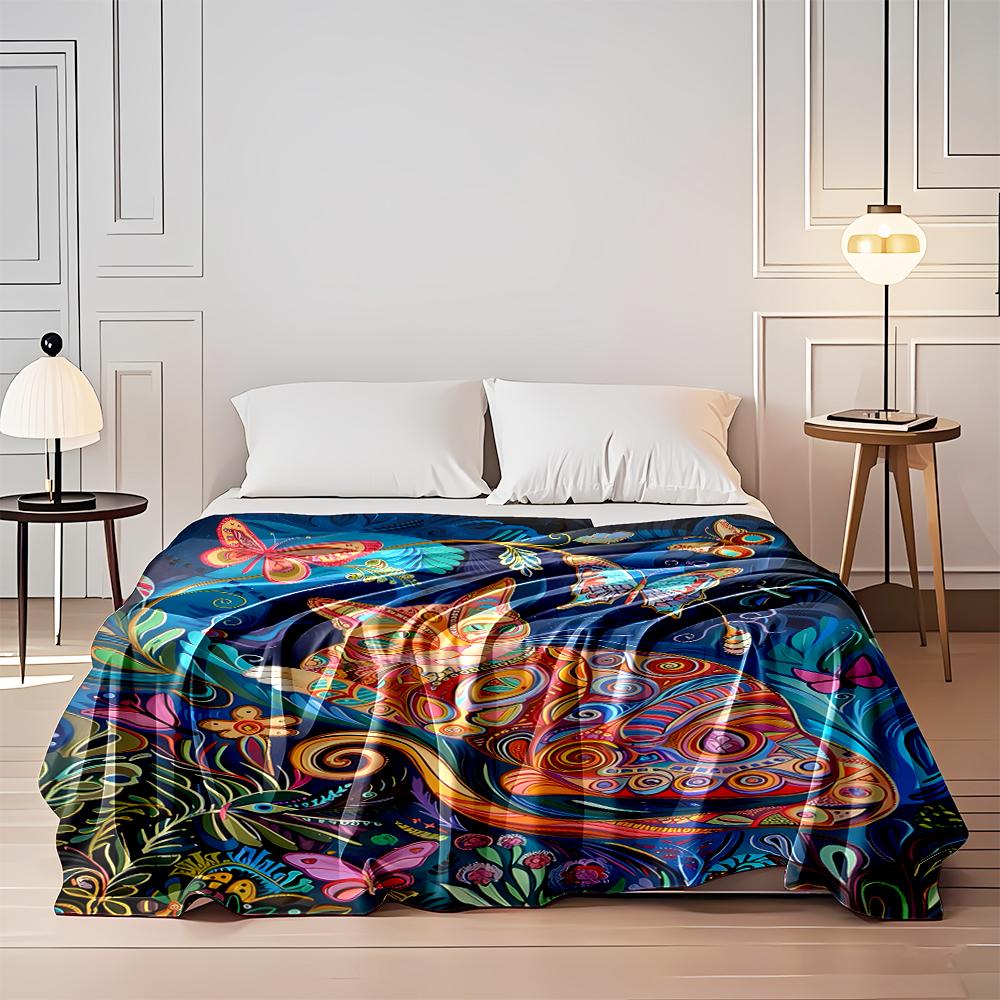 Colorful Cat and Butterflies Artistic Design Flannel blanket for bedroom, living room, sofa, and nap sofas.