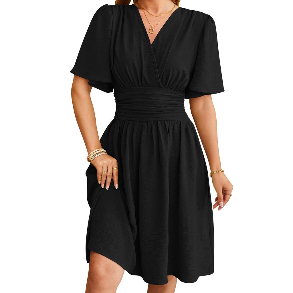 Women Midi Dress Solid Color Short Sleeve V-Neck Dress Summer Fashion Casual A-line Dress