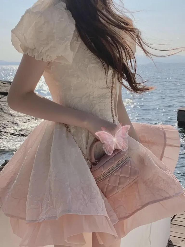 2025 Sweet Gradient Princess Puffy Dress - French Summer Style, Slim Waist