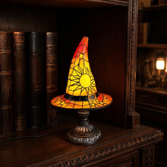 jijijing Stained Glass Witch Hat Lamp, Table Lamp with Inline Switch, USB Powered Style Halloween for Bedroom Bookshelf Desk, Witches Gothic