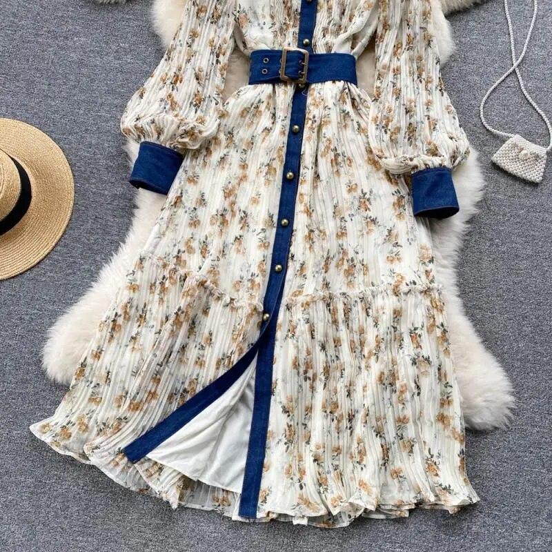 Autumn Lace Vintage Fairy Dress Women Patchwork Elegant Party Midi Dress Female Bow Korean Fashion One Piece Floral Dress 2024