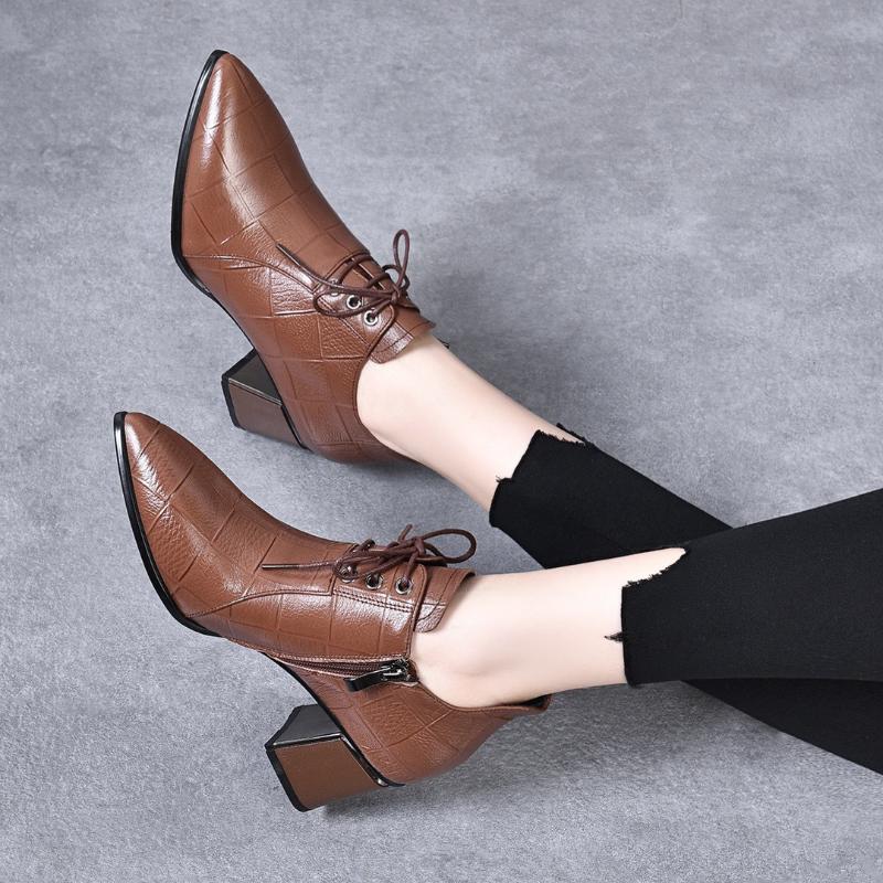 New Women's Mid-heel Lace-up Leather Shoes Genuine Leather Deep-mouth Soft Leather High Heels