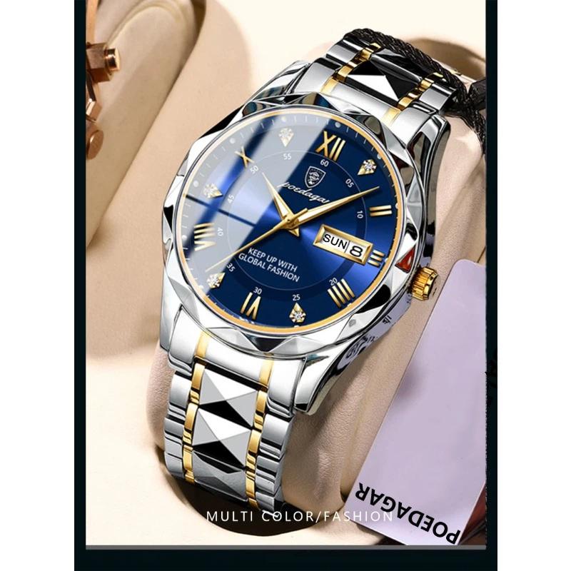 POEDAGAR Мужские часы Top Luxury Brand Водонепроницаемые Светящиеся с Календарем и Днем Недели для Мужчины Нержавеющая Сталь Повседневные Кварцевые Часы
