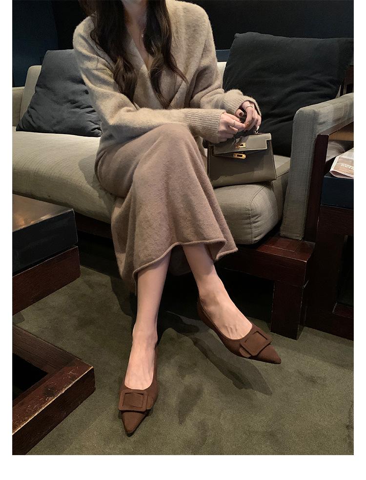 Sheepskin Version~ Square Buckle Leather Leopard Print Shoes Flat Mary Jane Shoes Women's Shallow Mouth Single Shoes Soft Sole Pointed Shoes Ladyshoes