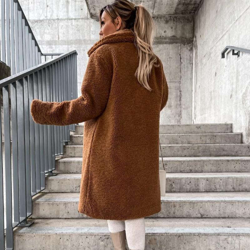 Giacca Lunga Invernale Autunnale Manica Lunga Risvolto Donna Taglie Forti Caldo Pile Peluche Cappotti Lunghi Donna Larga Casual Monocolore Giubbotti Donna 24959