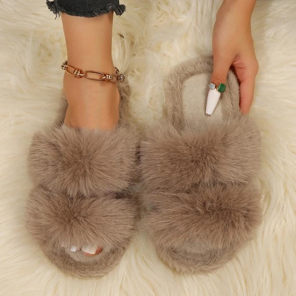 Leisure Slippers for Women New Slides Casual Flat Low Heels Shoes for Women Solid Furry Fur Slippers Plus Size
