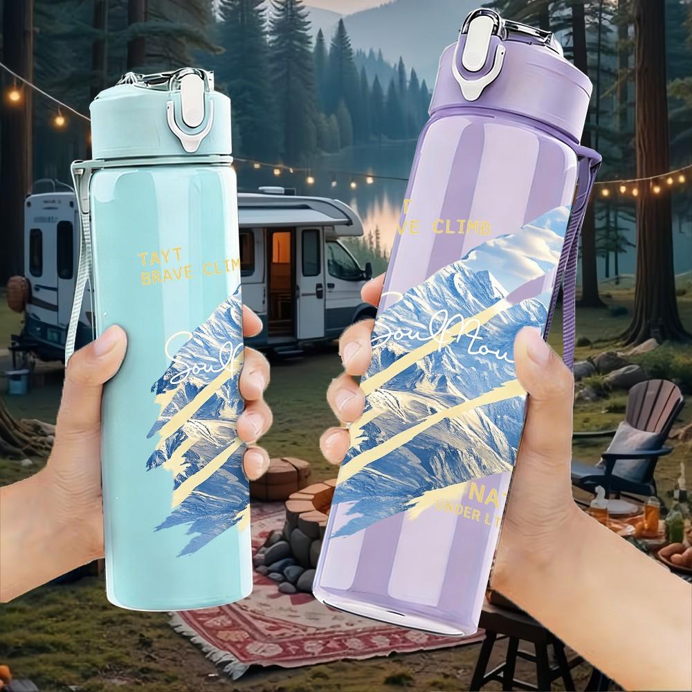 1PC Blue White Abstract Brush Stroke Print 750ml Color Plastic Sports Water Bottle Leakproof Flip Straw Lid Suitable for Sports Office Home Use