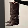 White High-heeled Trouser Boots Women's Thick-heeled Pointed-toed Knee-length Boots Belt-buckle High Boots