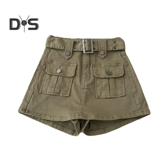 Женская юбка в корейском стиле с высокой талией, мини-юбка с поясом, короткая юбка-кюлот, уличная юбка-карго с большим карманом, шорты, консервативная, не подверженная воздействию, леди