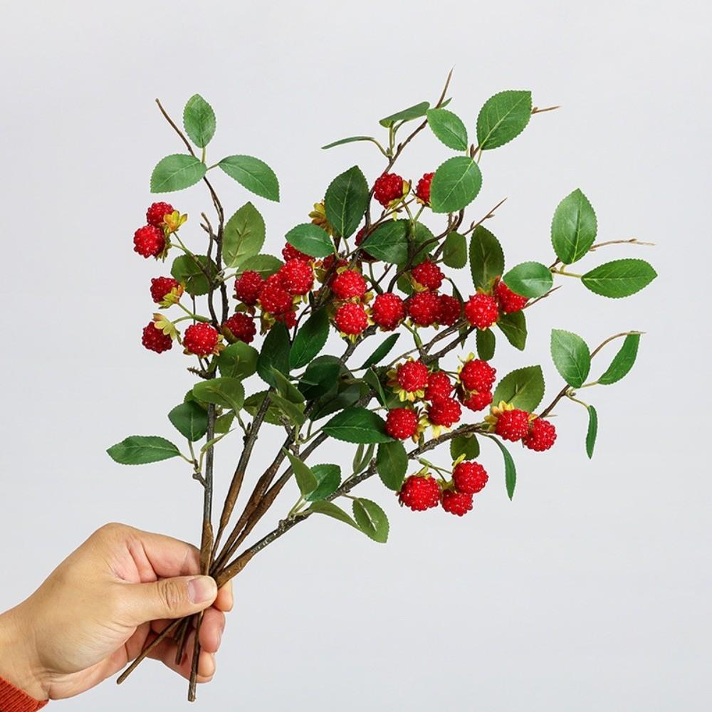 Green Leaves Mulberry Fruit Plants Faux Red Raspberry Fake Plants Artificial Raspberry Branch Gift