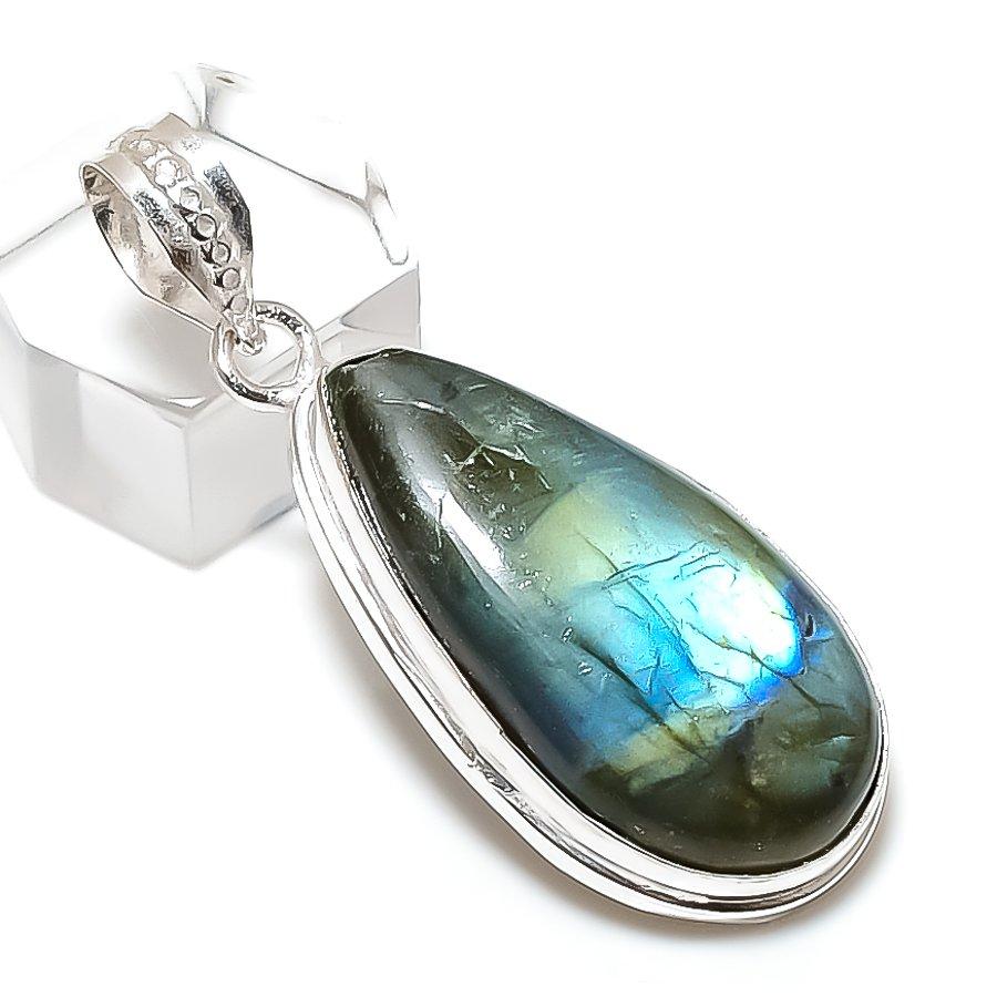 Natural Labradorite Gemstone Handmade 925 Sterling Silver Pendant 1.89" K3U76