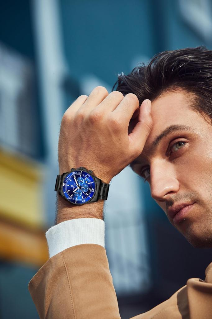 SAPPHERO Analog 8 ATM Water Stainless Mineral Date Black Blue Dial Men's Watch, Resistant, Luminous, Steel, Glass, Business/Outdoor, Display,
