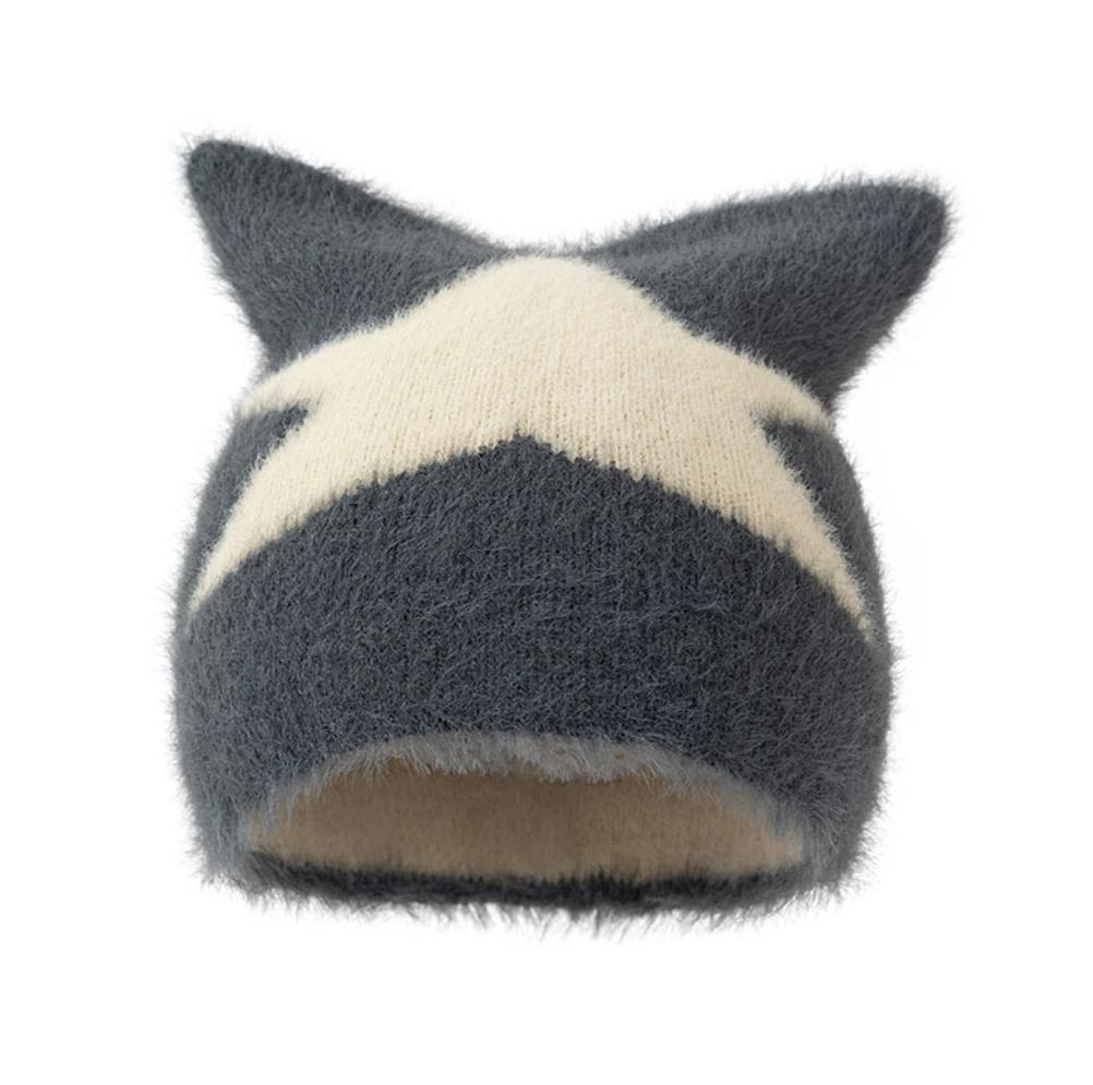 Soft Star Faux Fur Beanies Cute Cat Ears Warm Jacquard Hats Knitted Hat for Women Autumn and Winter Street  Beanies