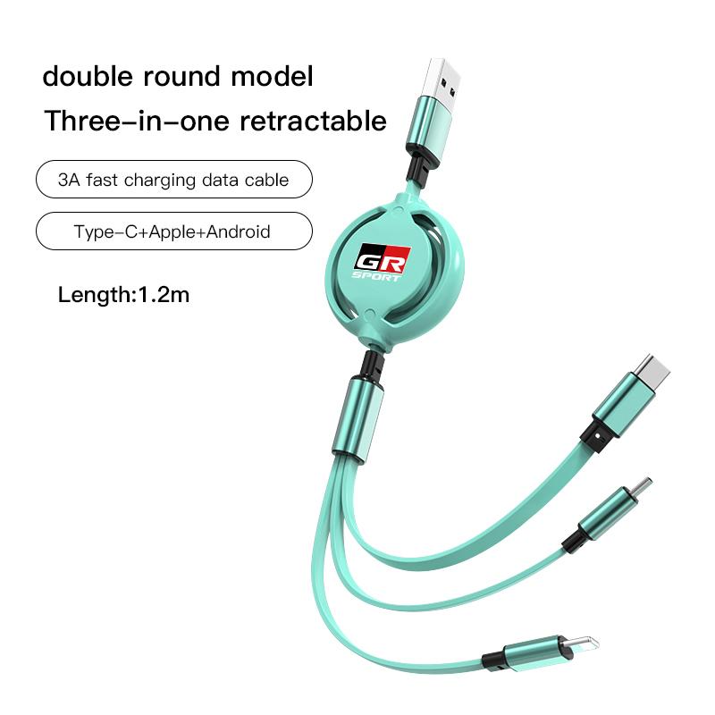 3 In 1 Retractable Mobile Phone Fast Charging Cable For  Toyota Corolla Camry Asian Dragon Supra Hilux Land Cruiser GR SPORT TRD