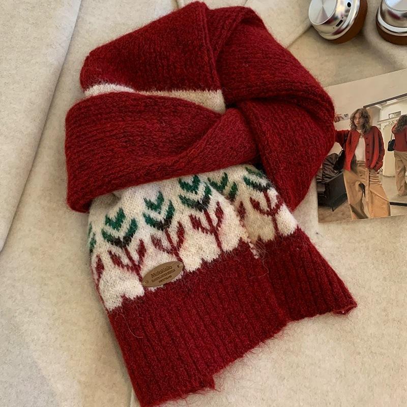 Fair Island jacquard knitted scarf women's autumn and winter retro coffee color thickened warm scarf Korean atmosphere wool
