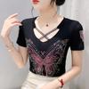 Высококачественный женский сексуальный топ с V-образным вырезом крест-накрест, блестящая футболка с бабочкой и горячими бриллиантами, летняя брендовая женская эластичная облегающая сетчатая футболка