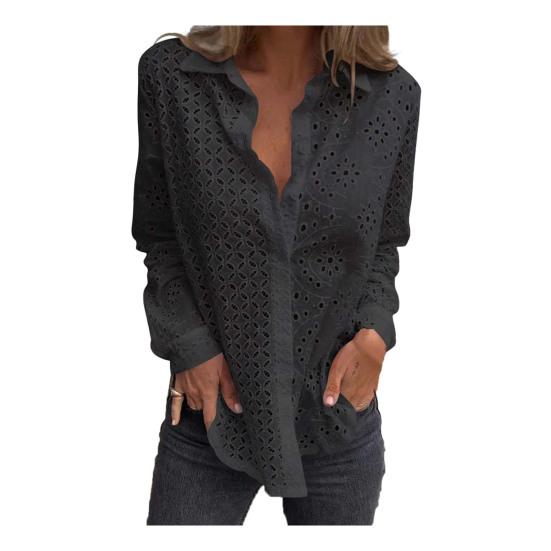 Women Shirt Lapel Long Sleeve Hollow Flower Pattern Shirt Tops Solid Color Loose Fit Single