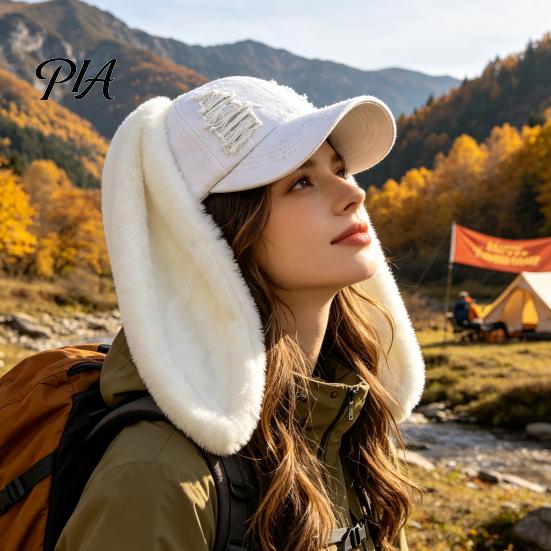 PlushLong Ear Baseball Cap with Plush Rabbit Ears, Washed Distressed Peaked Hat for Party Winter, Long Bunny Dance Show Festivals Casual Windproof