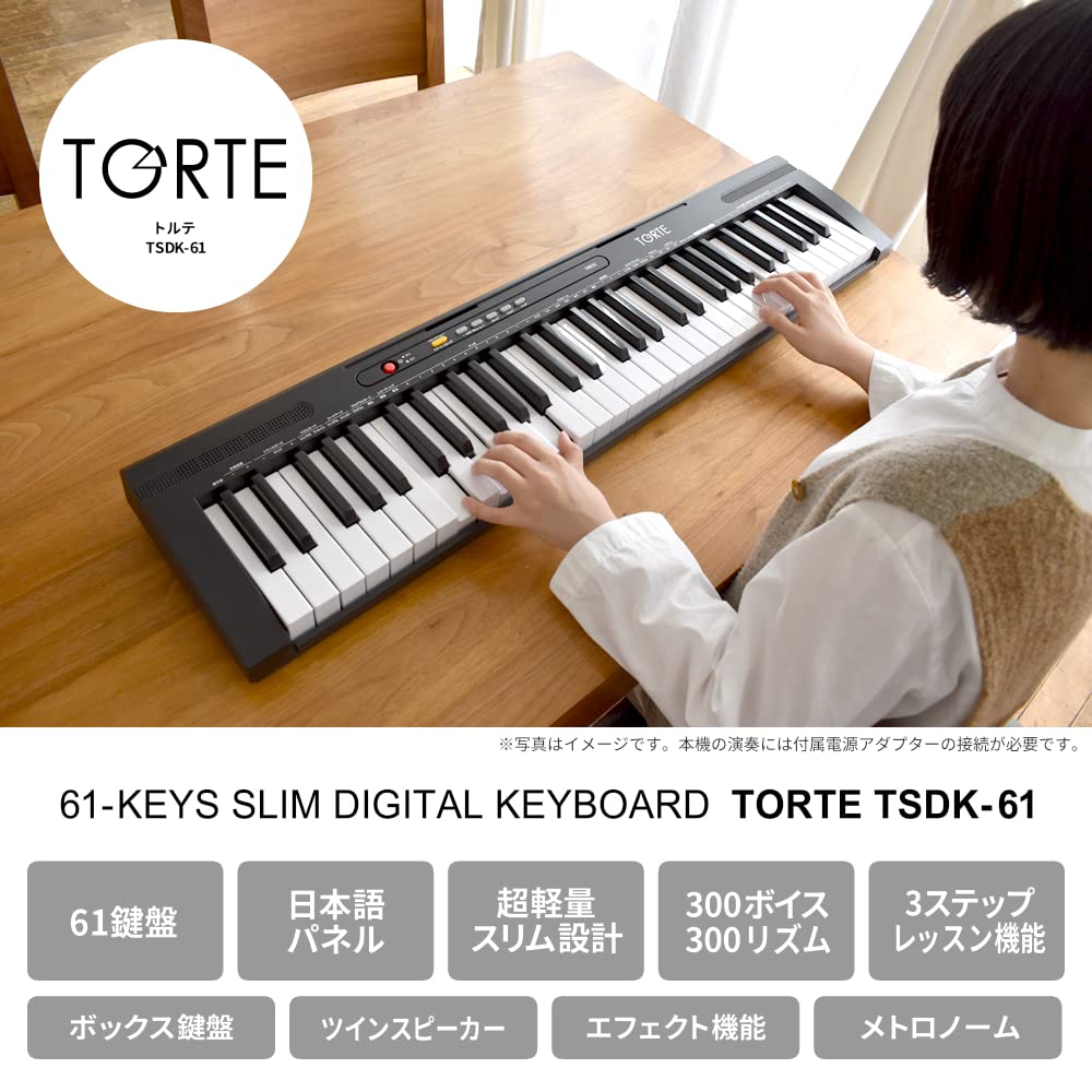 TORTE Electronic Keyboard 61 Keys Japanese Notation 300 Voices Lightweight Slim Design For Beginners Black TSDK-61/BK (Music Stand/Power