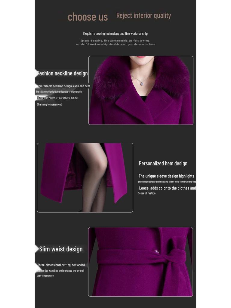 Women's Mid-Length Woolen Coat with Fox Fur Collar - Korean Style for Autumn & Winter