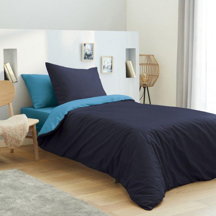 Pack complet 4 pièces Marine/Turquoise réversible housse de couette pour lit 90 x 190 cm