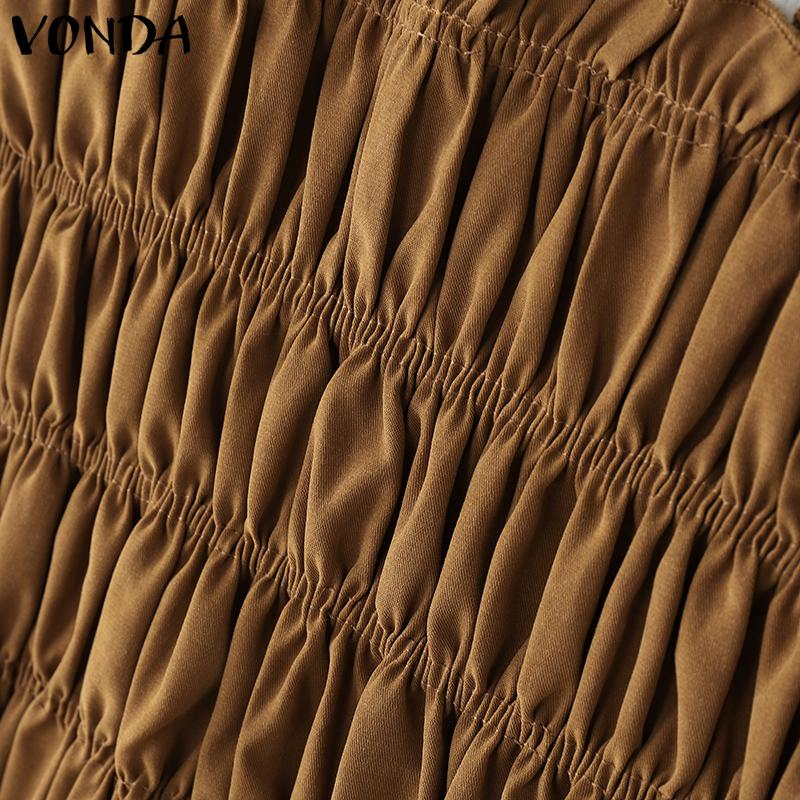 VONDA Women Stand Ruffled Neck Long Sleeve Patchwork Smocking Fake Two Pieces Blouse