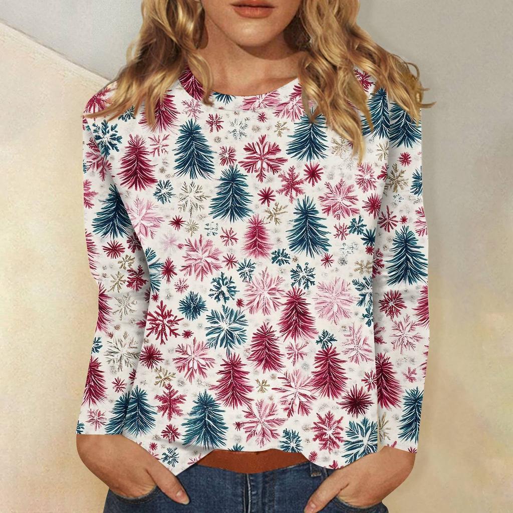 Women's Fashion Casual Christmas Printed Round Neck Long Sleeve Pullover Top