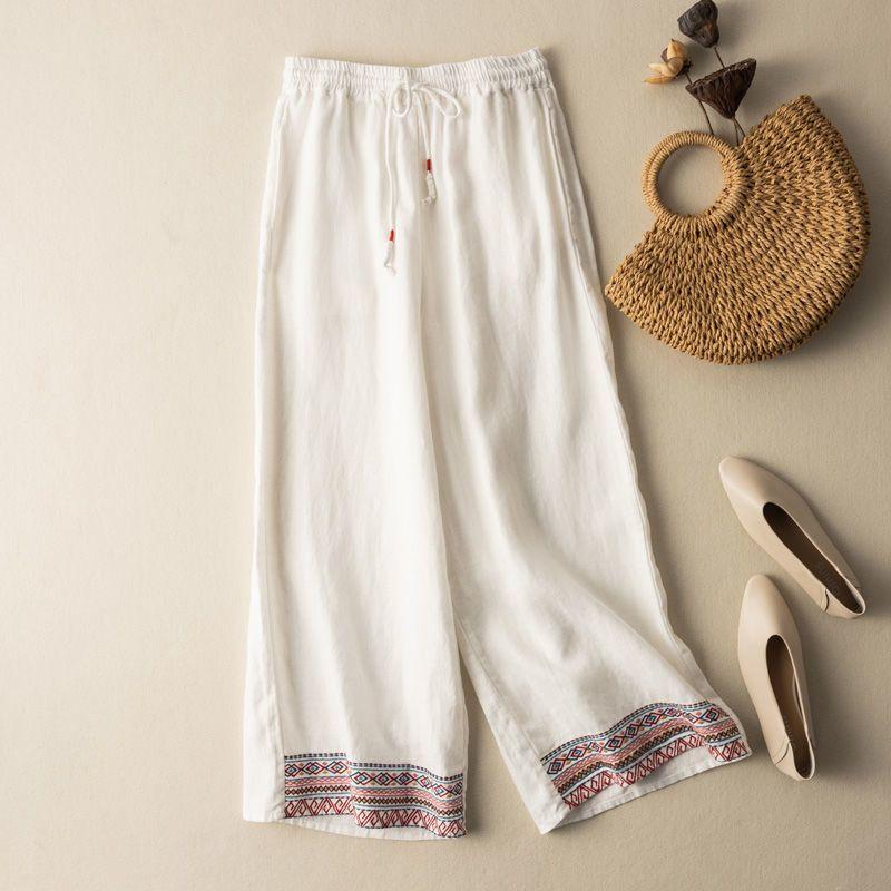 Широкие брюки из хлопка и льна с вышивкой для женщин. Свободные брюки с прямыми штанинами. Универсальные утягивающие повседневные брюки с высокой талией.