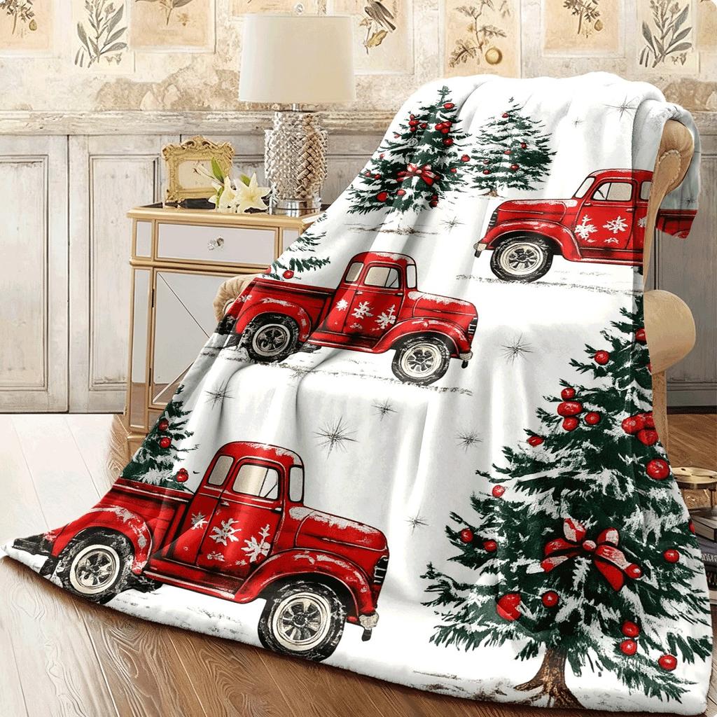 Red Vintage Truck Christmas Flannel Throw Blanket, Old Red Pickup Xmas Tree Snowflake Print Soft Cozy Blanket for Sofa Bed Holiday Gift
