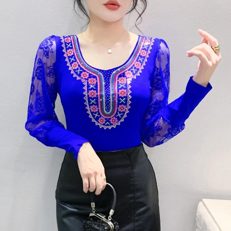 Весна Осень Европейская Одежда Женская Футболка Сексуальное Кружево Длинный Рукав Сетка Топы Шик Винтаж Роскошь Горячие Бриллианты Футболки Рубашки