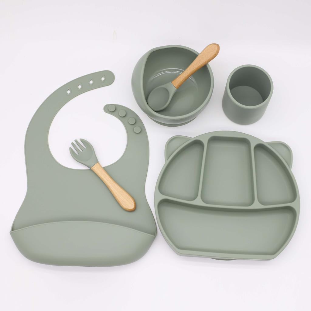 6PCS BPA Free Baby Silicone Tableware Bib Flexible Solid Color Sucker Bowl Spoon Fork for Children Learning Feeding Flatware