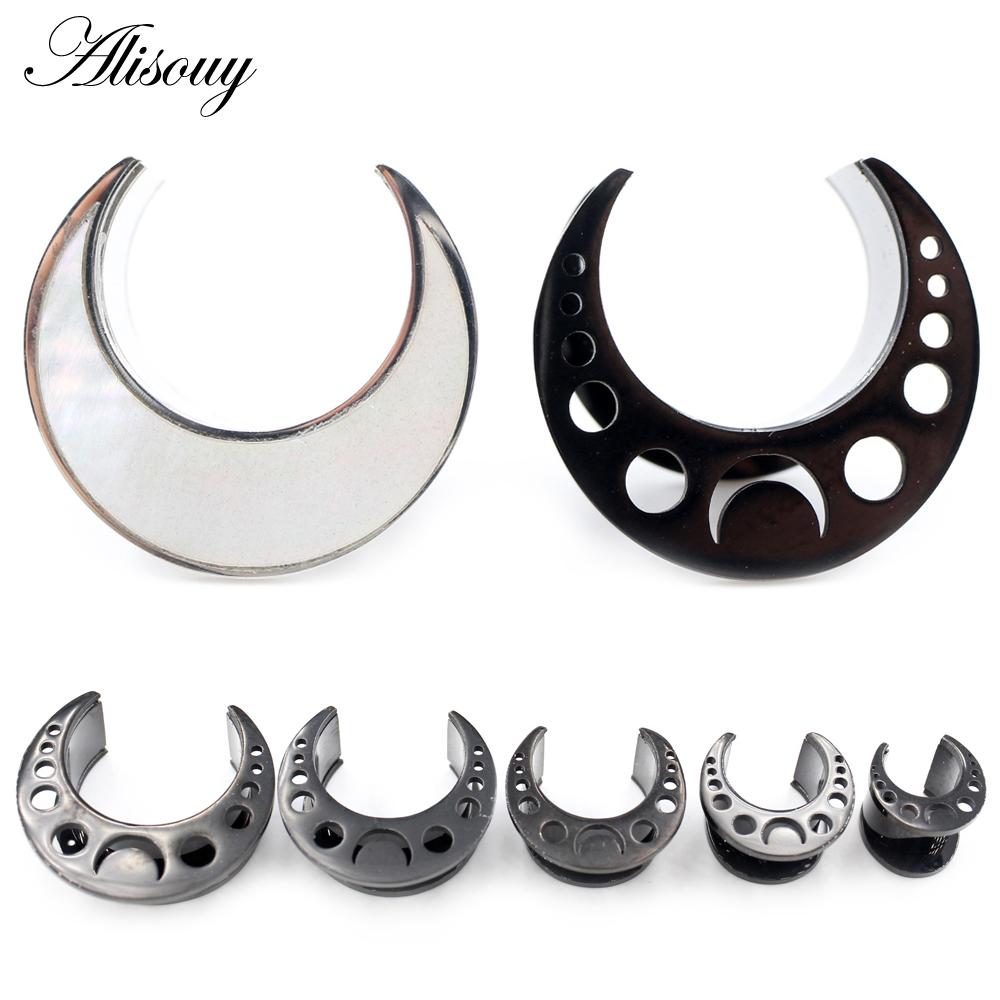 Alisouy 2PCS Stainless Steel Shell Moon Round Saddle Ear Tunnel Plugs Expander Stretcher Gauges Earrings Piercing Body Jewelry