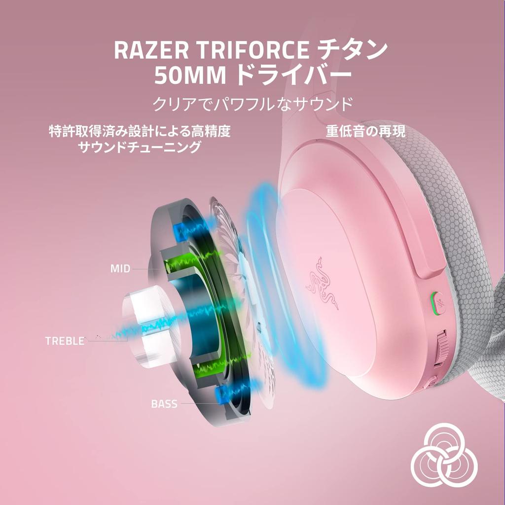 Razer Barracuda Quartz Pink Wireless Gaming Headset with THX 7.1 Channel Titanium 50mm Drivers, Omnidirectional Beamforming Noise-Canceling Mic for