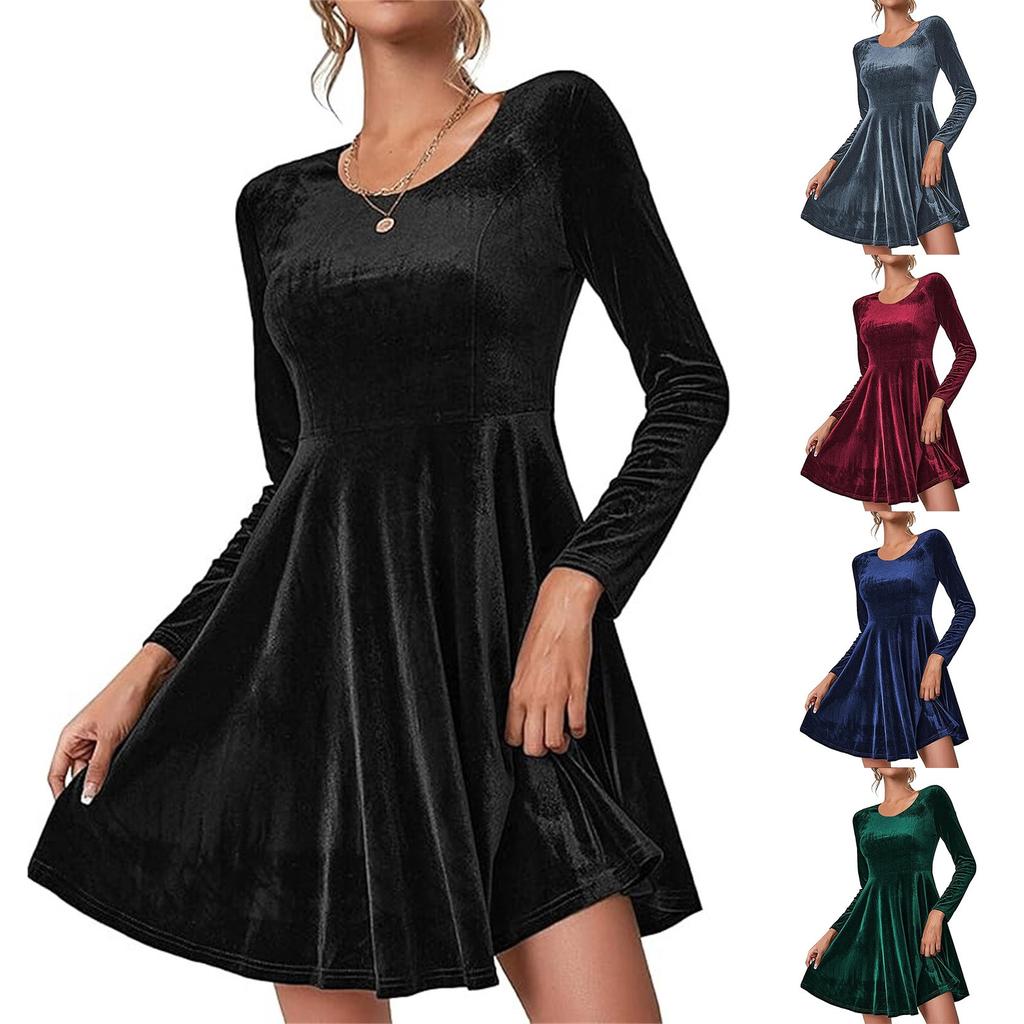 Женское модное бархатное платье с длинным рукавом и круглым вырезом