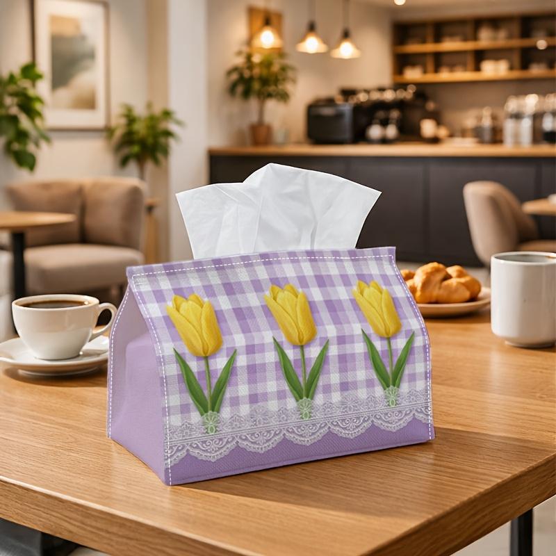 1pc Spring Botanical Tissue Box - Tulip Flower Gingham Napkin Storage Box, Suitable for Rolls/facial Tissues/single Sheets,Two Sizes Available for Hom